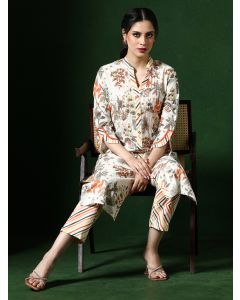 Floral Embroidered A-Line Pure Cotton Kurta & Trousers Sets-1B25KPNTR001 Orange