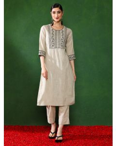 Floral Embroidered Straight kurta & Trousers Sets-1B25KPNTR0011 Beige