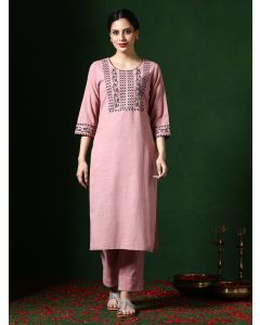 Floral Embroidered Straight Cotton Blend Kurta & Trousers Sets-1B25KPNTR0011 Peach
