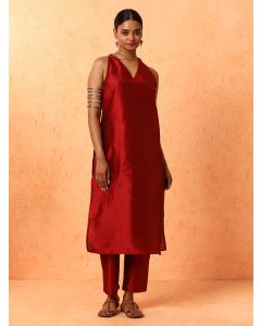 Solid Printed Straight Chanderi Silk Kurta & Trousers Sets-1B25KPNTR002 Maroon