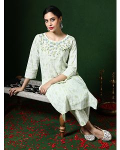 Floral Embroidered Straight Cotton Blend Kurta & Trousers Sets-1B25KPNTR004 Light Green