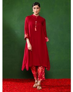 Floral Solid A-Line Kurta & Trousers Sets-1B25KPNTR007 Maroon