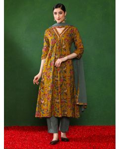 Floral Embroidered A-Line Kurta & Trousers Sets-1B25KPTDR0011 Mustard
