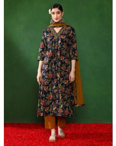 Floral Embroidered A-Line Kurta & Trousers Sets-1B25KPTDR0011 Navy Blue