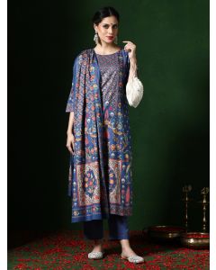 Floral Embroidered A-Line Pure Cotton Kurta & Trousers Sets-1B25KPTDR0012 Navy Blue