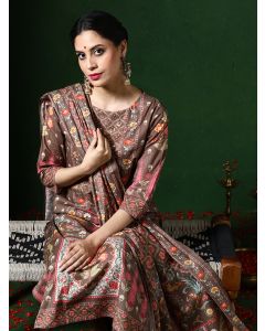 Floral Embroidered A-Line Pure Cotton Kurta & Trousers Sets-1B25KPTDR0012 Brown