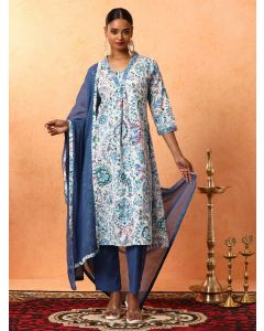 Floral Printed A-Line Pure Cotton Kurta & Trousers Sets-1B25KPTDR0016 Blue