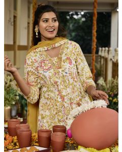Printed A-Line Pure Cotton Kurta & Trousers Sets-1B25KPTDR0016 Yellow
