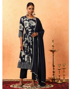 Floral Embroidered A-Line Pure Cotton Kurta & Trousers Sets-1B25KPTDR002 Navy Blue