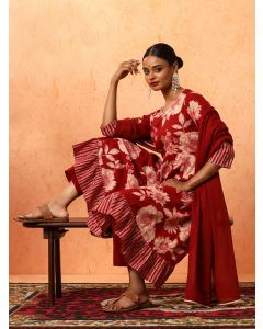 Floral Embroidered A-Line Pure Cotton Kurta & Trousers Sets-1B25KPTDR002 Red