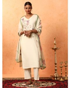 Floral Embroidered Straight Silk Blend Kurta & Trousers Sets-1B25KPTDR0021 Cream