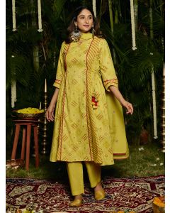 Embroidered A-Line Pure Cotton Kurta & Trousers Sets-1B25KPTDR0022 Yellow