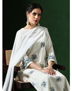 Floral Embroidered Straight Cotton Blend Kurta & Trousers Sets-1B25KPTDR0025 White