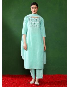 Floral Embroidered Straight kurta & Trousers Sets-1B25KPTDR0026 Sky Blue