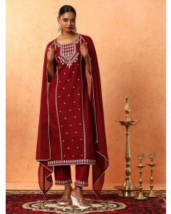 Floral Embroidered Straight Pure Cotton Kurta & Trousers Sets-1B25KPTDR0027 Maroon