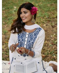 Embroidered Straight Pure Cotton Kurta & Trousers Sets-1B25KPTDR0028 White