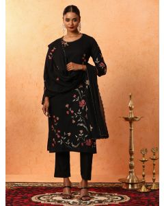 Floral Embroidered Straight Pure Cotton Kurta & Trousers Sets-1B25KPTDR0030 Black