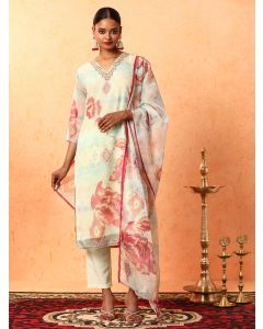 Floral Embroidered Straight Organza Kurta & Trousers Sets-1B25KPTDR0031 Cream