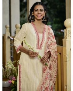 Printed A-Line Cotton Blend Kurta & Trousers Sets-1B25KPTDR006 Off White