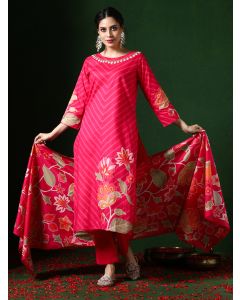 Floral Embroidered A-Line Pure Cotton Kurta & Trousers Sets-1B25KPTDR007 Fuchsia