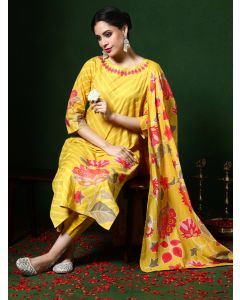 Floral Embroidered A-Line Pure Cotton Kurta & Trousers Sets-1B25KPTDR007 Yellow