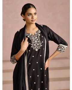 Embroidered Straight Pure Cotton Kurta & Trousers Sets-1B25KPTDR009 Black