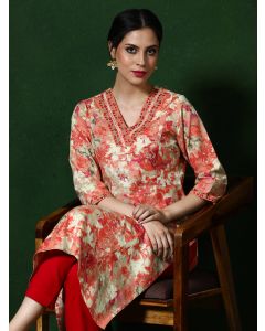 Floral Embroidered A-Line Cotton Blend Kurta-1B25KRTAR0021 Peach