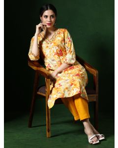 Floral Embroidered A-Line Cotton Blend Kurta-1B25KRTAR0021 Yellow