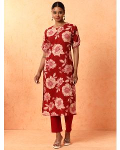 Floral Embroidered Straight Pure Cotton Kurta-1B25KRTAR005 Red