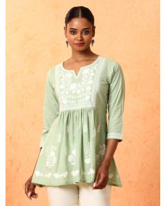 Textured Embroidered A-Line Pure Cotton Top-1B25TOPSR0010 Green