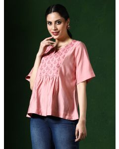 Floral Embroidered A-Line Silk Blend Top-1B25TOPSR0015 Peach