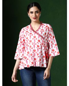 Floral Embroidered A-Line Pure Cotton Top-1B25TOPSR002 Red
