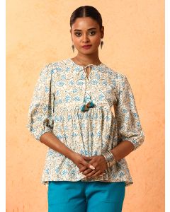 Floral Printed A-Line Pure Cotton Top-1B25TOPSR003 Blue