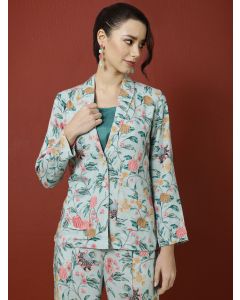 Blue Tropical Printed Jacket And Palazzo With Solid Crop Top 