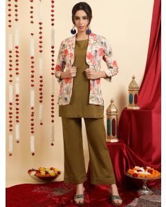 Olive Green Kurta And Palazzo With Shrug Co-ord Set