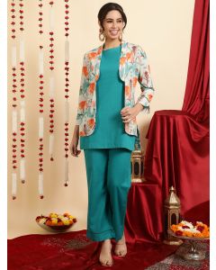 Turquoise Blue Kurta And Palazzo With Shrug Co-ord Set