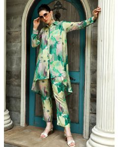 Green Printed Muslin Shirt With Palazzo Co-ord Set 
