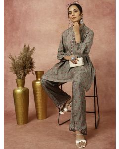 Grey Ethnic Printed Gathered Kurta With Palazzo Co-ord Set