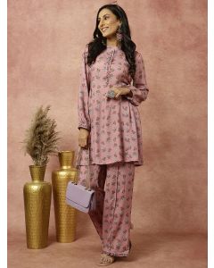 Rose Ethnic Printed Gathered Kurta With Palazzo Co-ord Set