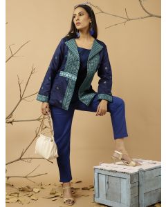 Navy Blue Jacquard Chanderi Embroidered Jacket
