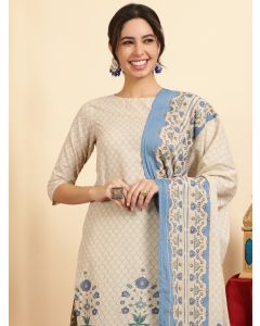 Blue Ethnic Motif Guldasta Cotton Straight Kurta With Pants And Dupatta 