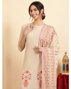 Mauve Ethnic Motif Guldasta Cotton Straight Kurta With Pants And Dupatta 