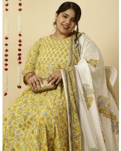 Plus Size Yellow Ethnic Print Anarkali Kurta With Pants And Dupatta