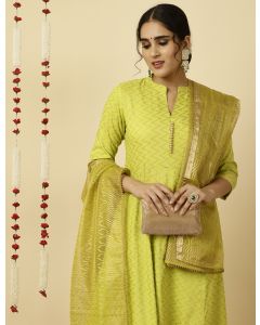 Lime Green Zigzag Printed Anarkali Kurta With Pants And Dupatta 