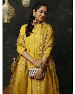 Mustard Zigzag Printed Anarkali Kurta With Pants And Dupatta 