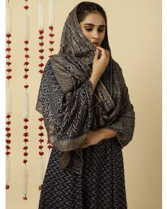 Navy Blue Zigzag Printed Anarkali Kurta With Pants And Dupatta 