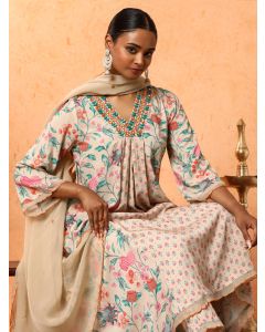 Floral Embroidered A-Line Viscose Rayon Kurta & Trousers Sets-1C23KPTDR0014 Peach