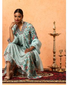 Floral Embroidered A-Line Viscose Rayon Kurta & Trousers Sets-1C23KPTDR0014 Blue