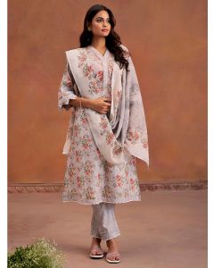 Grey Embellished Floral Printed Festive Kurta Set With Dupatta