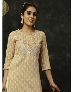 Beige Ethnic Motif Printed Embroidered Straight Kurta 